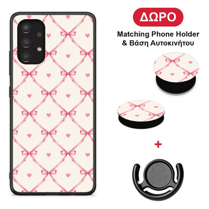 Pink Bow Lattice and Hearts on Cream - Samsung Galaxy A13 4G θήκη + Δώρο Phone Holder & Βάση Αυτοκινήτου