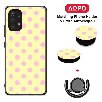 Pink Polka Dots on Yellow - Samsung Galaxy A13 4G θήκη + Δώρο Phone Holder & Βάση Αυτοκινήτου