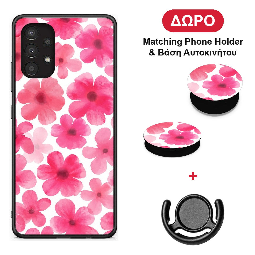Pink Watercolour Flowers on White - Samsung Galaxy A13 4G θήκη + Δώρο Phone Holder & Βάση Αυτοκινήτου