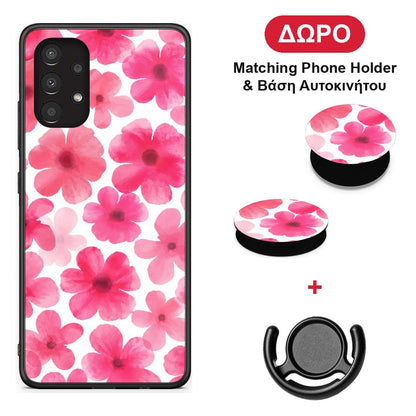 Pink Watercolour Flowers on White - Samsung Galaxy A13 4G θήκη + Δώρο Phone Holder & Βάση Αυτοκινήτου