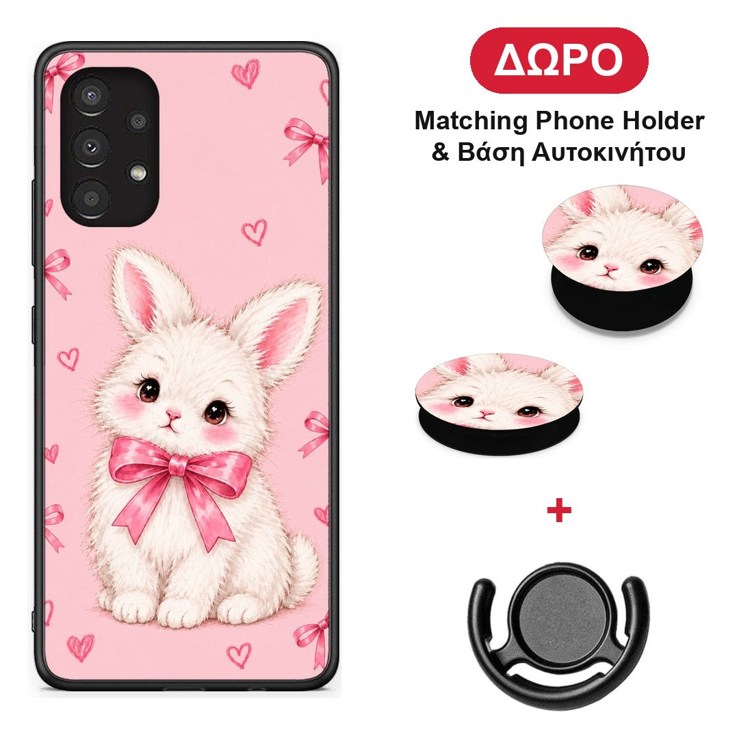 White Bunny and Pink Bows - Samsung Galaxy A13 4G θήκη + Δώρο Phone Holder & Βάση Αυτοκινήτου