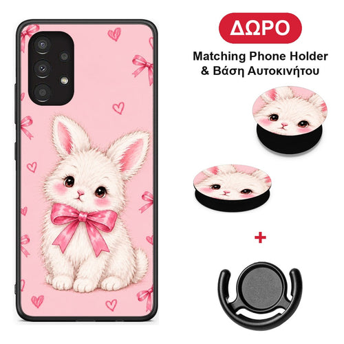White Bunny and Pink Bows - Samsung Galaxy A13 4G θήκη + Δώρο Phone Holder & Βάση Αυτοκινήτου