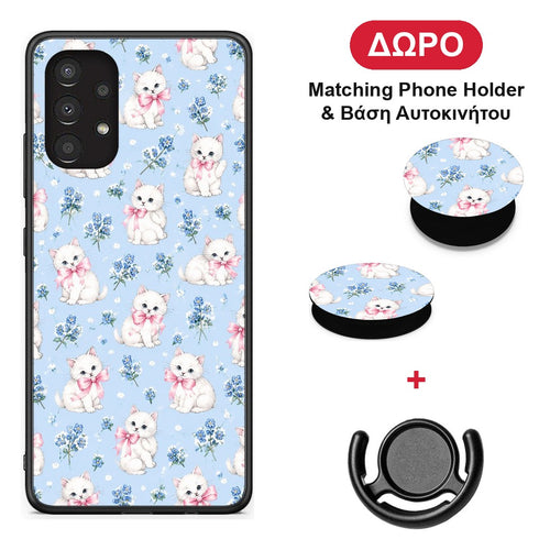 White Kittens and Blue Flowers Small - Samsung Galaxy A13 4G θήκη + Δώρο Phone Holder & Βάση Αυτοκινήτου