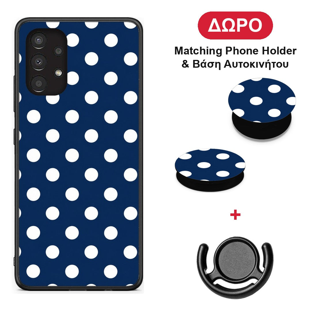 White Large Polka Dots on Navy - Samsung Galaxy A13 4G θήκη + Δώρο Phone Holder & Βάση Αυτοκινήτου