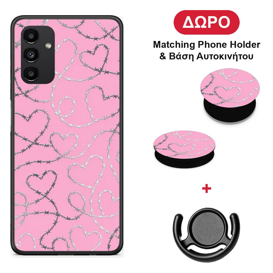 Barbed Wire Hearts on Pink - Samsung Galaxy A13 5G θήκη + Δώρο Phone Holder & Βάση Αυτοκινήτου