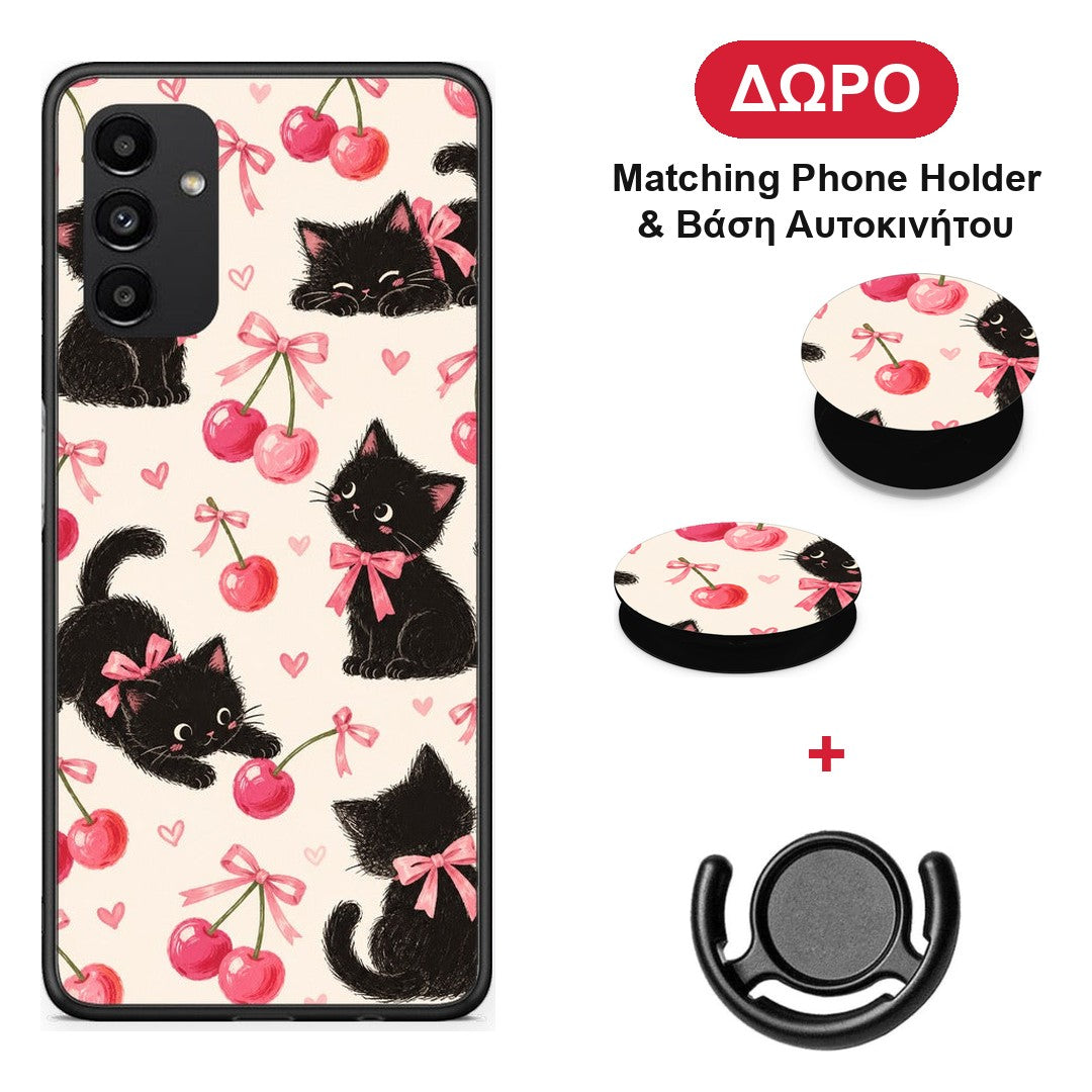 Black Kittens and Cherries on Cream - Samsung Galaxy A13 5G θήκη + Δώρο Phone Holder & Βάση Αυτοκινήτου