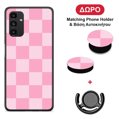 Pink and White Striped Checks - Samsung Galaxy A13 5G θήκη + Δώρο Phone Holder & Βάση Αυτοκινήτου