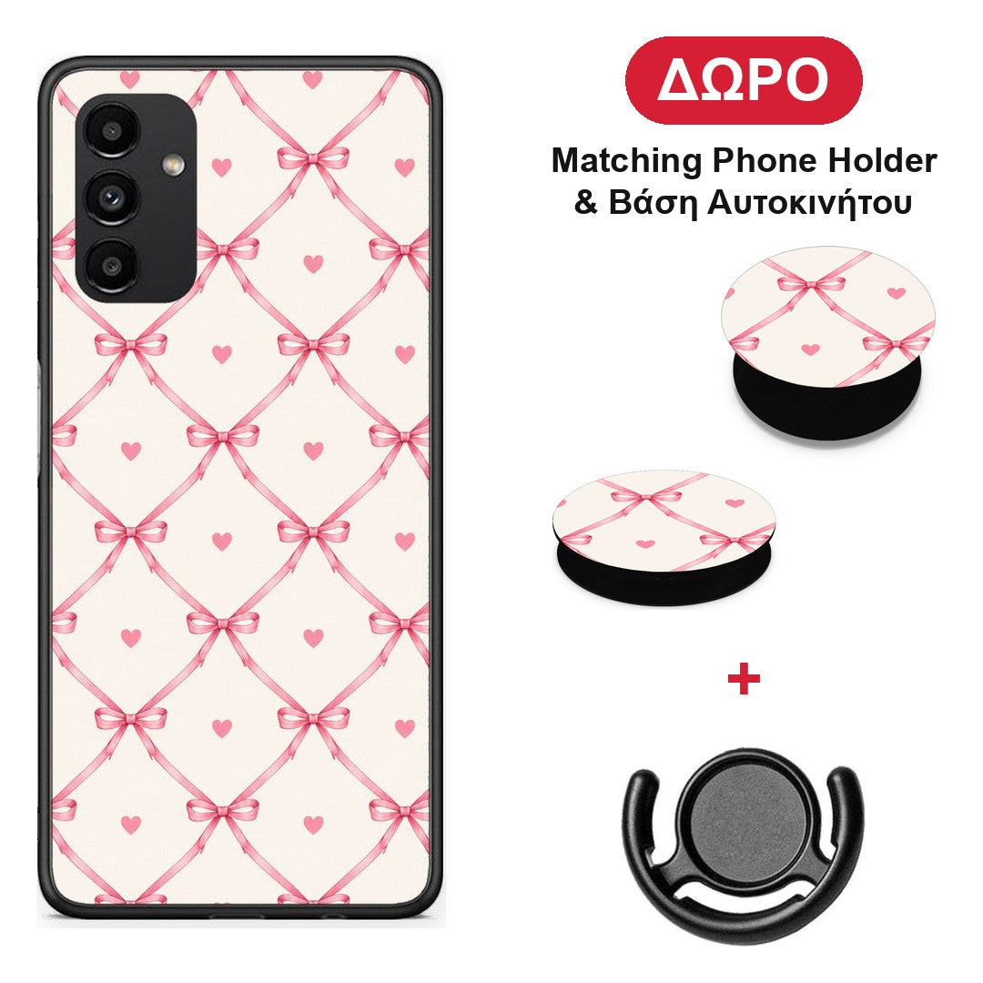 Pink Bow Lattice and Hearts on Cream - Samsung Galaxy A13 5G θήκη + Δώρο Phone Holder & Βάση Αυτοκινήτου