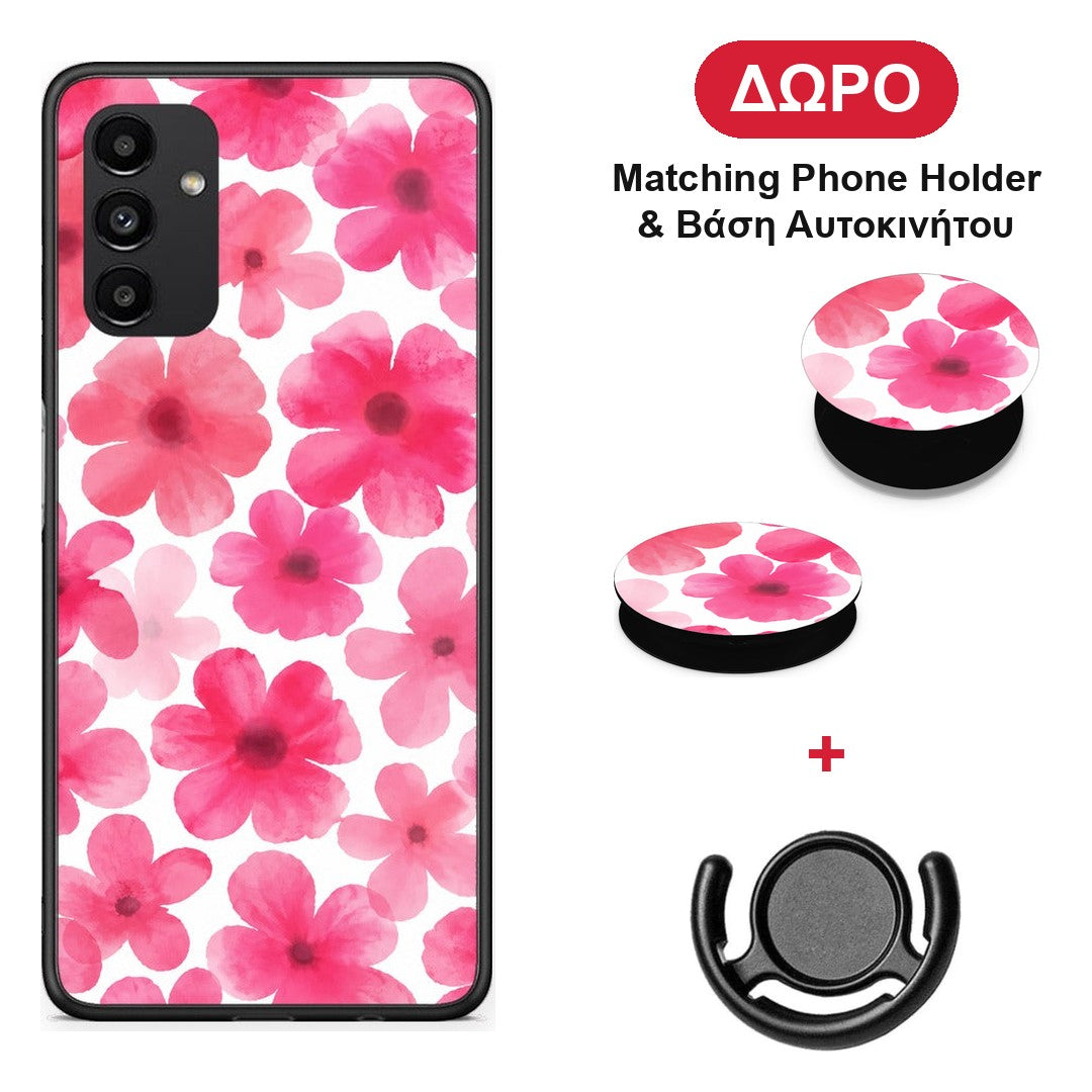 Pink Watercolour Flowers on White - Samsung Galaxy A13 5G θήκη + Δώρο Phone Holder & Βάση Αυτοκινήτου