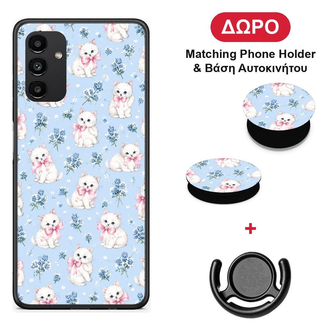 White Kittens and Blue Flowers Small - Samsung Galaxy A13 5G θήκη + Δώρο Phone Holder & Βάση Αυτοκινήτου