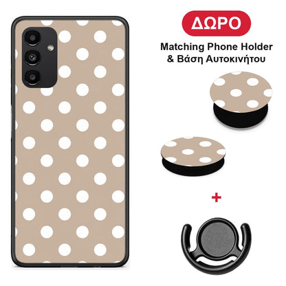 White Polka Dots on Taupe - Samsung Galaxy A13 5G θήκη + Δώρο Phone Holder & Βάση Αυτοκινήτου