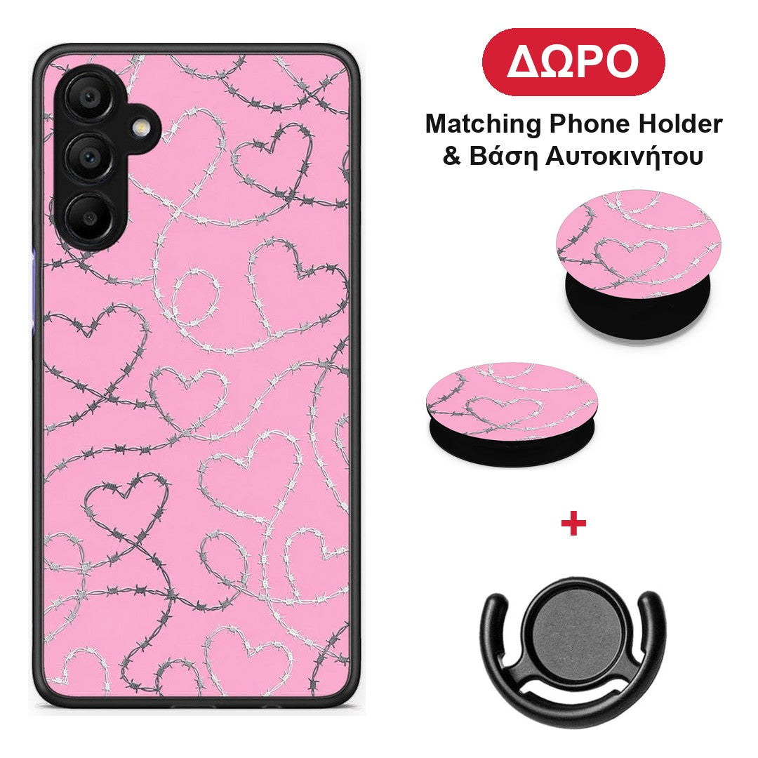 Barbed Wire Hearts on Pink - Samsung A15 5G θήκη + Δώρο Phone Holder & Βάση Αυτοκινήτου