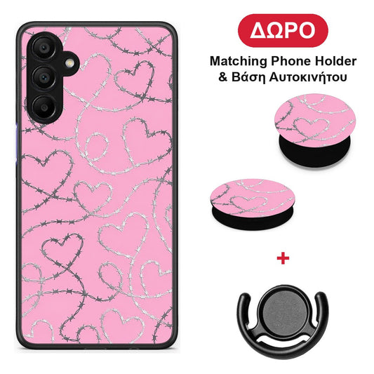 Barbed Wire Hearts on Pink - Samsung A15 5G θήκη + Δώρο Phone Holder & Βάση Αυτοκινήτου