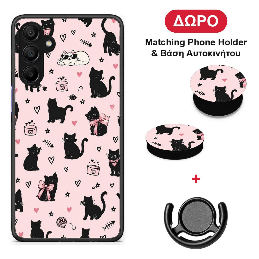 Black Cat Doodles on Pink - Samsung A15 5G θήκη + Δώρο Phone Holder & Βάση Αυτοκινήτου