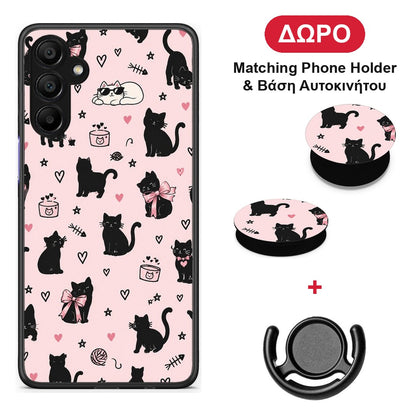 Black Cat Doodles on Pink - Samsung A15 5G θήκη + Δώρο Phone Holder & Βάση Αυτοκινήτου
