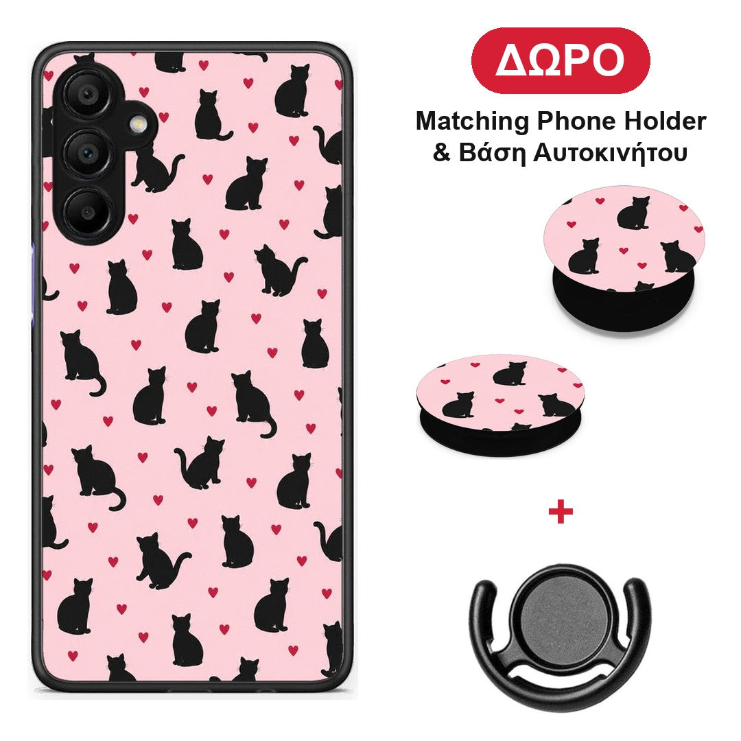 Black Cat Silhouettes and Hearts on Pink - Samsung A15 5G θήκη + Δώρο Phone Holder & Βάση Αυτοκινήτου