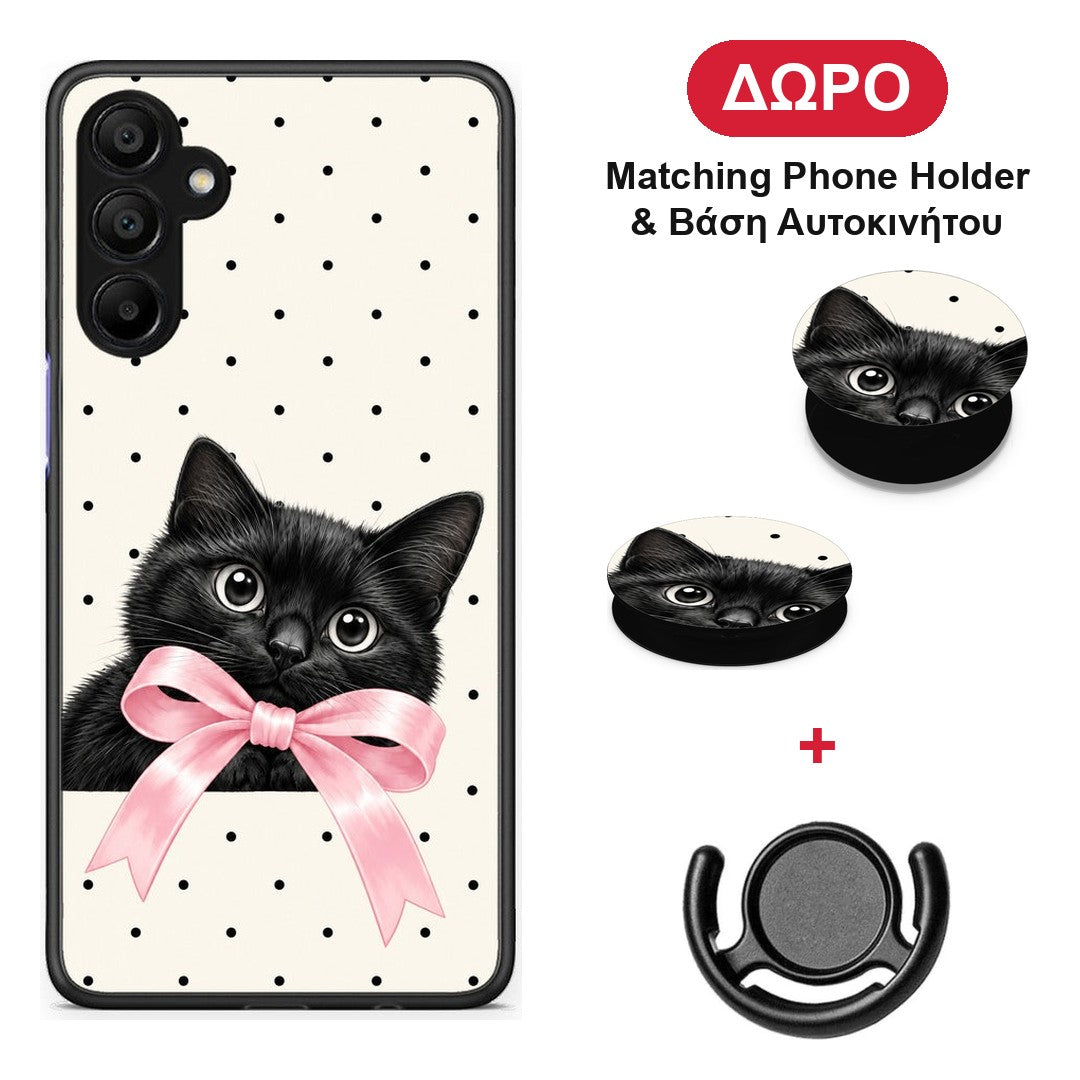 Black Kitten Pink Bow and Polka Dots - Samsung A15 5G θήκη + Δώρο Phone Holder & Βάση Αυτοκινήτου