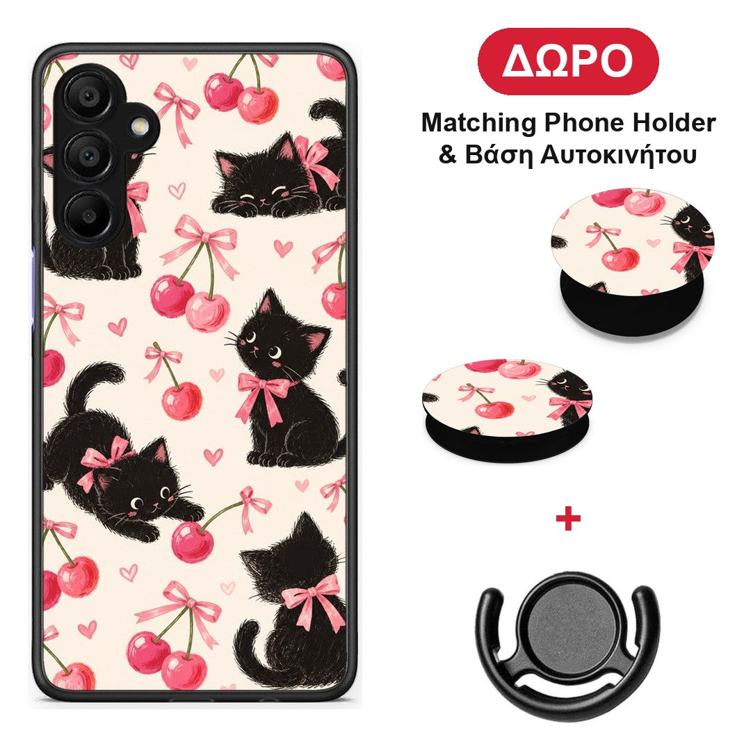 Black Kittens and Cherries on Cream - Samsung A15 5G θήκη + Δώρο Phone Holder & Βάση Αυτοκινήτου