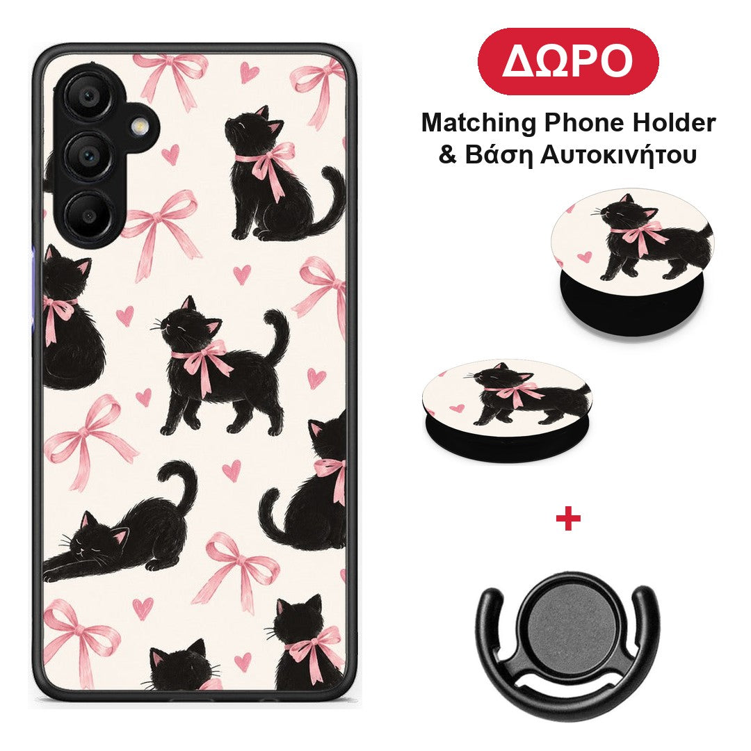 Black Kittens and Pink Bows on Cream Large - Samsung A15 5G θήκη + Δώρο Phone Holder & Βάση Αυτοκινήτου