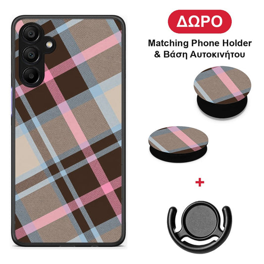 Brown Pink and Blue Diagonal Plaid - Samsung A15 5G θήκη + Δώρο Phone Holder & Βάση Αυτοκινήτου