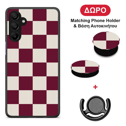Burgundy and Cream Striped Checks - Samsung A15 5G θήκη + Δώρο Phone Holder & Βάση Αυτοκινήτου