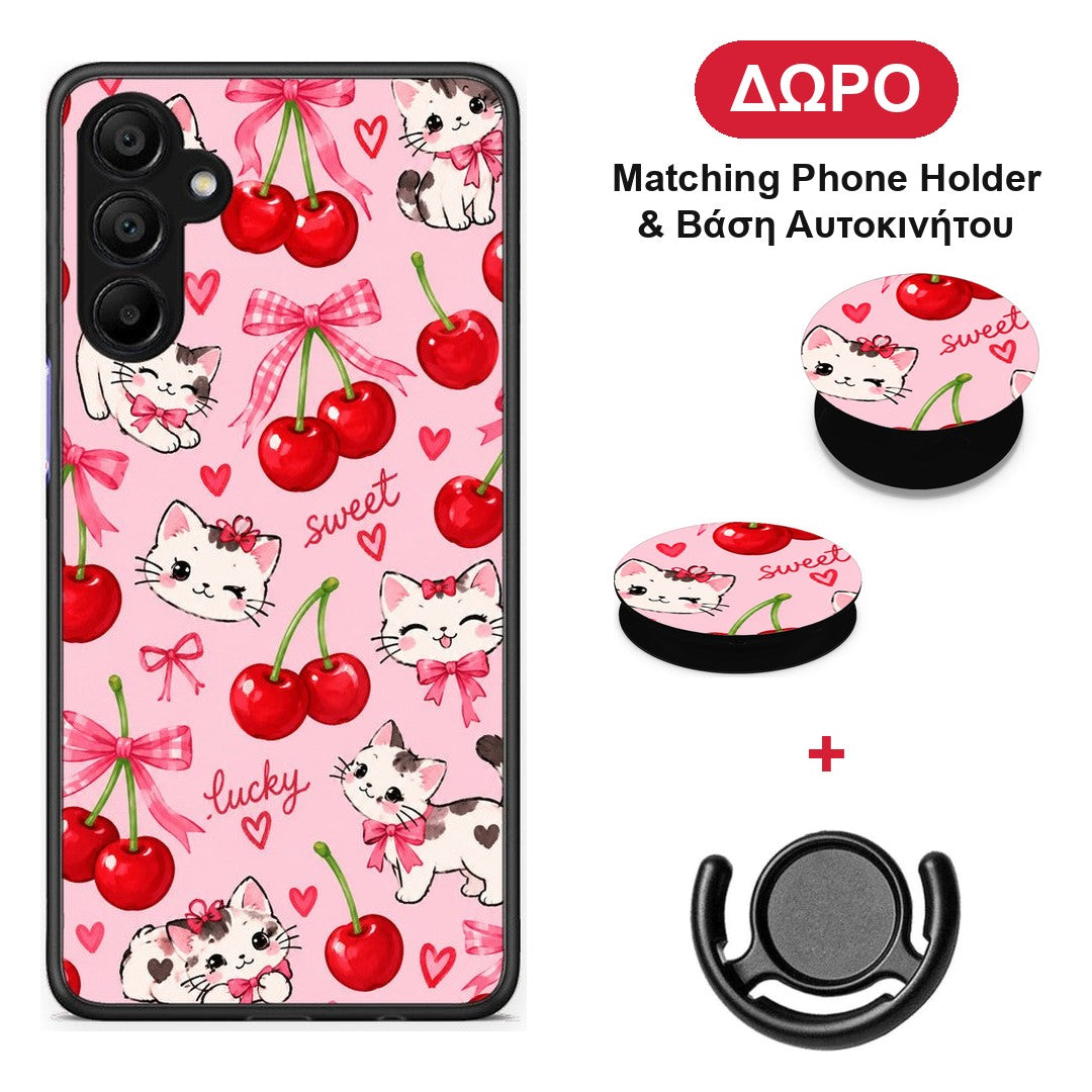 Cherries Bows and Kittens on Pink - Samsung A15 5G θήκη + Δώρο Phone Holder & Βάση Αυτοκινήτου