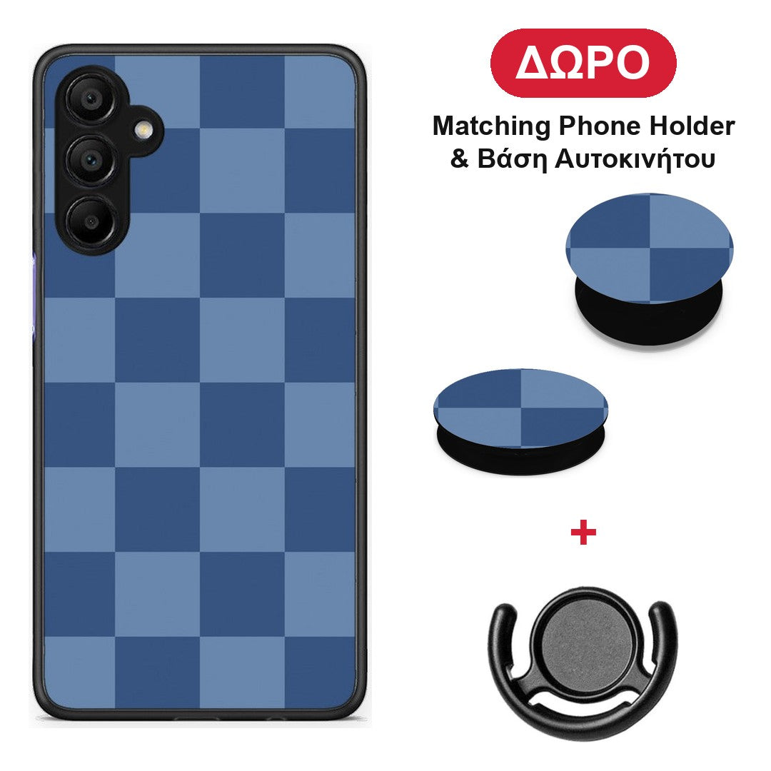 Denim Blue Checkerboard - Samsung A15 5G θήκη + Δώρο Phone Holder & Βάση Αυτοκινήτου