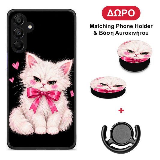 Grumpy Party Kitten on Black - Samsung A15 5G θήκη + Δώρο Phone Holder & Βάση Αυτοκινήτου