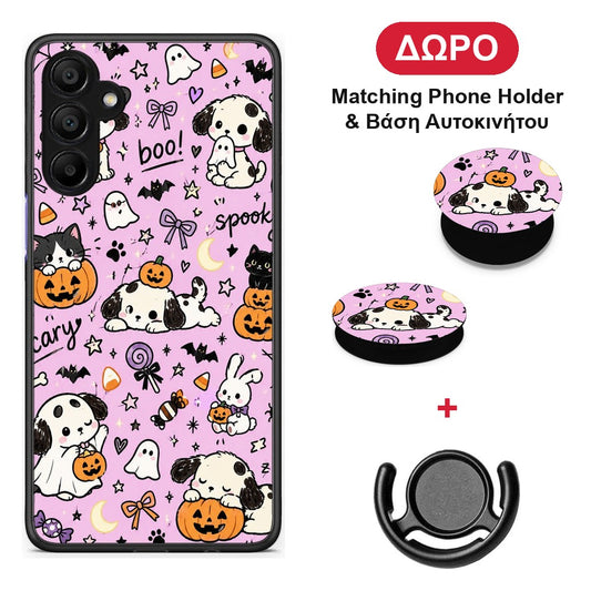 Halloween Puppies and Friends on Lilac - Samsung A15 5G θήκη + Δώρο Phone Holder & Βάση Αυτοκινήτου
