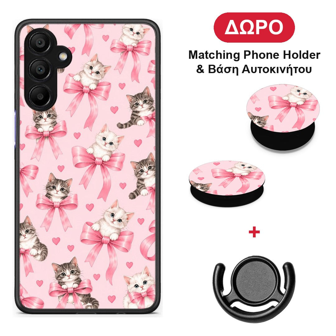 Kittens and Pink Bows on Pink - Samsung A15 5G θήκη + Δώρο Phone Holder & Βάση Αυτοκινήτου