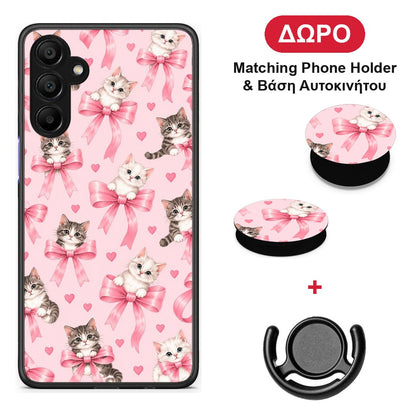 Kittens and Pink Bows on Pink - Samsung A15 5G θήκη + Δώρο Phone Holder & Βάση Αυτοκινήτου