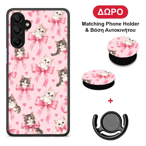 Kittens and Pink Bows on Pink - Samsung A15 5G θήκη + Δώρο Phone Holder & Βάση Αυτοκινήτου