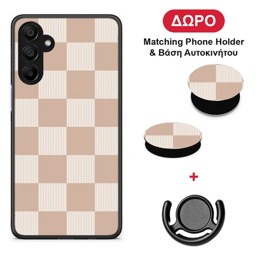 Latte and Cream Striped Checks - Samsung A15 5G θήκη + Δώρο Phone Holder & Βάση Αυτοκινήτου