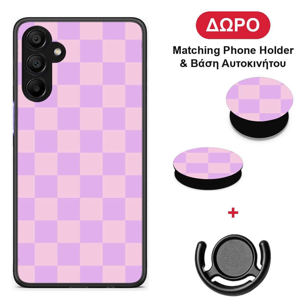 Lavender and Pink Checkerboard - Samsung A15 5G θήκη + Δώρο Phone Holder & Βάση Αυτοκινήτου