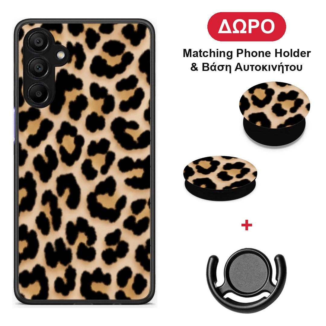 Leopard Print Tan Small - Samsung A15 5G θήκη + Δώρο Phone Holder & Βάση Αυτοκινήτου