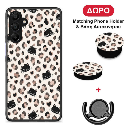 Leopard Spots and Black Cats on Cream - Samsung A15 5G θήκη + Δώρο Phone Holder & Βάση Αυτοκινήτου