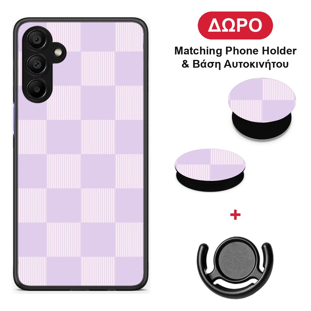 Lilac and Cream Striped Checks - Samsung A15 5G θήκη + Δώρο Phone Holder & Βάση Αυτοκινήτου
