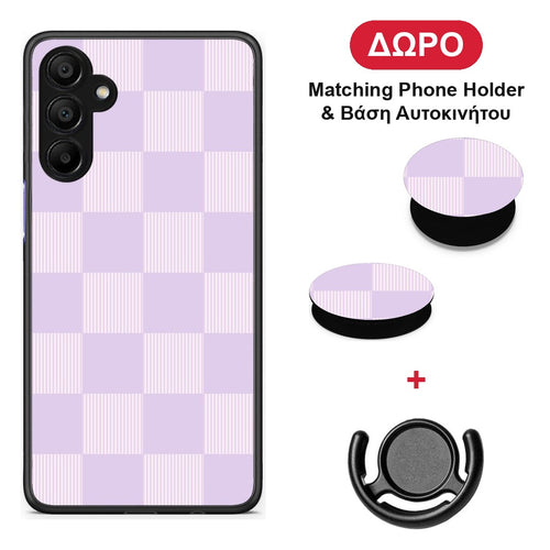 Lilac and Cream Striped Checks - Samsung A15 5G θήκη + Δώρο Phone Holder & Βάση Αυτοκινήτου