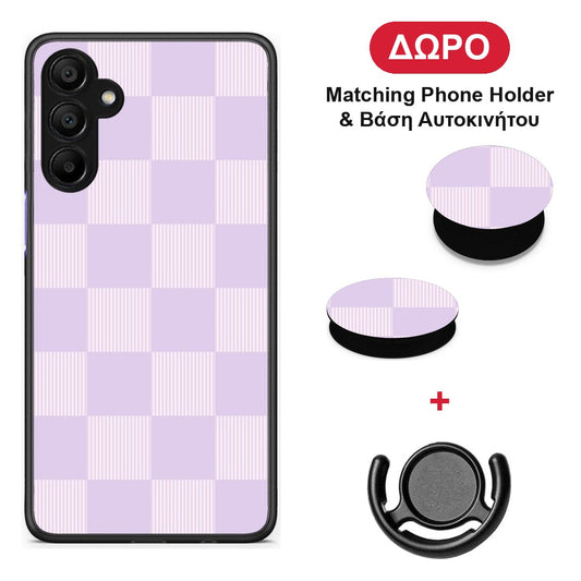 Lilac and Cream Striped Checks - Samsung A15 5G θήκη + Δώρο Phone Holder & Βάση Αυτοκινήτου