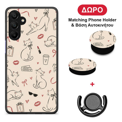 Minimal Cat and Fashion Doodles on Cream - Samsung A15 5G θήκη + Δώρο Phone Holder & Βάση Αυτοκινήτου