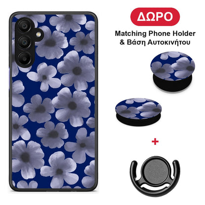 Pale Blue Flowers on Navy - Samsung A15 5G θήκη + Δώρο Phone Holder & Βάση Αυτοκινήτου