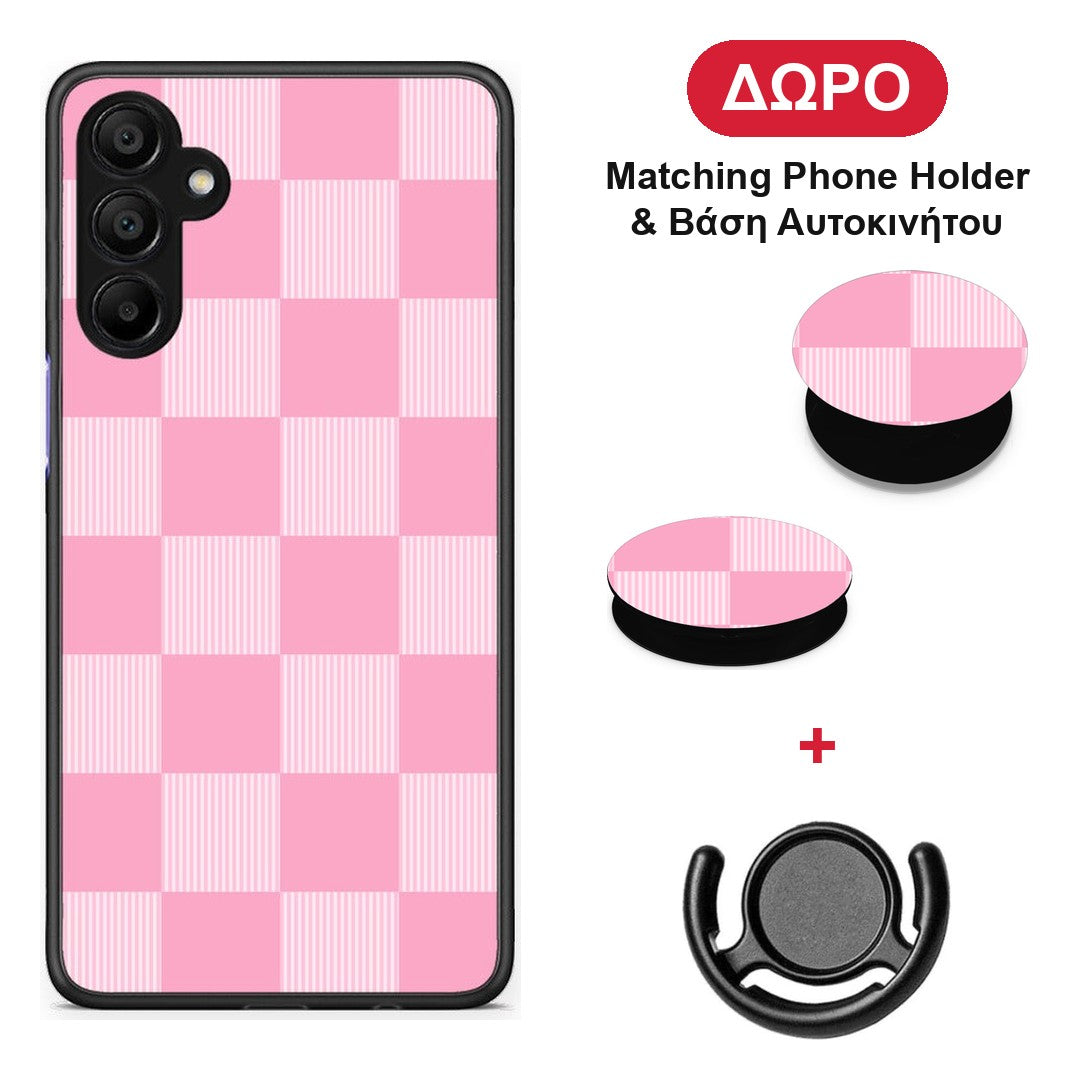 Pink and White Striped Checks - Samsung A15 5G θήκη + Δώρο Phone Holder & Βάση Αυτοκινήτου