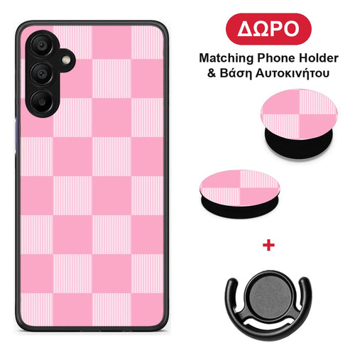Pink and White Striped Checks - Samsung A15 5G θήκη + Δώρο Phone Holder & Βάση Αυτοκινήτου