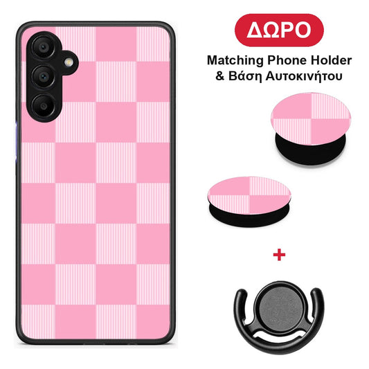Pink and White Striped Checks - Samsung A15 5G θήκη + Δώρο Phone Holder & Βάση Αυτοκινήτου