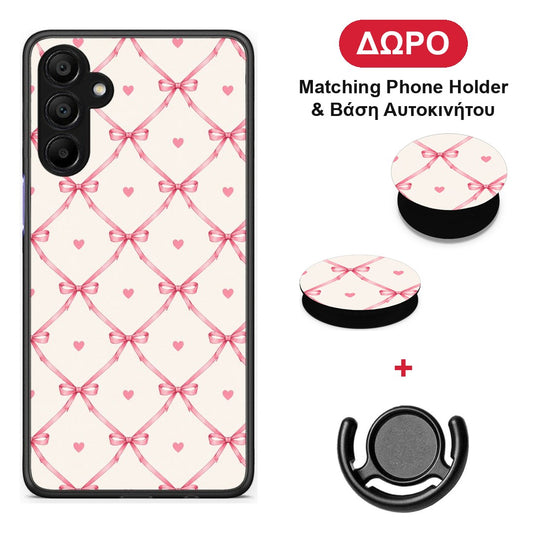 Pink Bow Lattice and Hearts on Cream - Samsung A15 5G θήκη + Δώρο Phone Holder & Βάση Αυτοκινήτου
