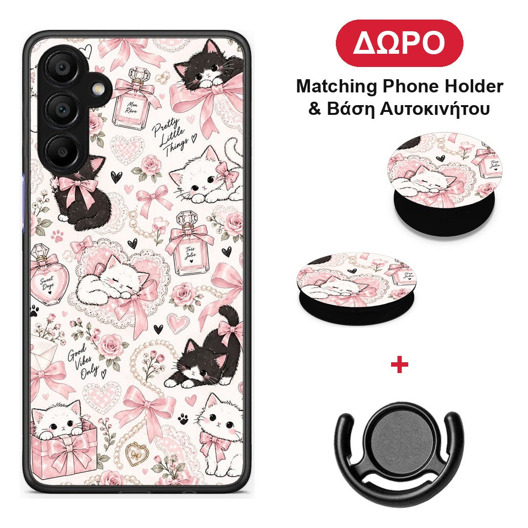 Pink Bows and Kittens Collage - Samsung A15 5G θήκη + Δώρο Phone Holder & Βάση Αυτοκινήτου