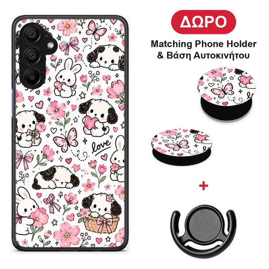 Pink Florals Puppies and Bunnies on White - Samsung A15 5G θήκη + Δώρο Phone Holder & Βάση Αυτοκινήτου