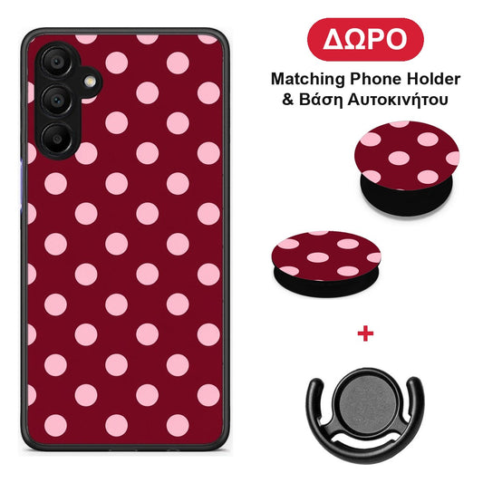 Pink Polka Dots on Burgundy - Samsung A15 5G θήκη + Δώρο Phone Holder & Βάση Αυτοκινήτου