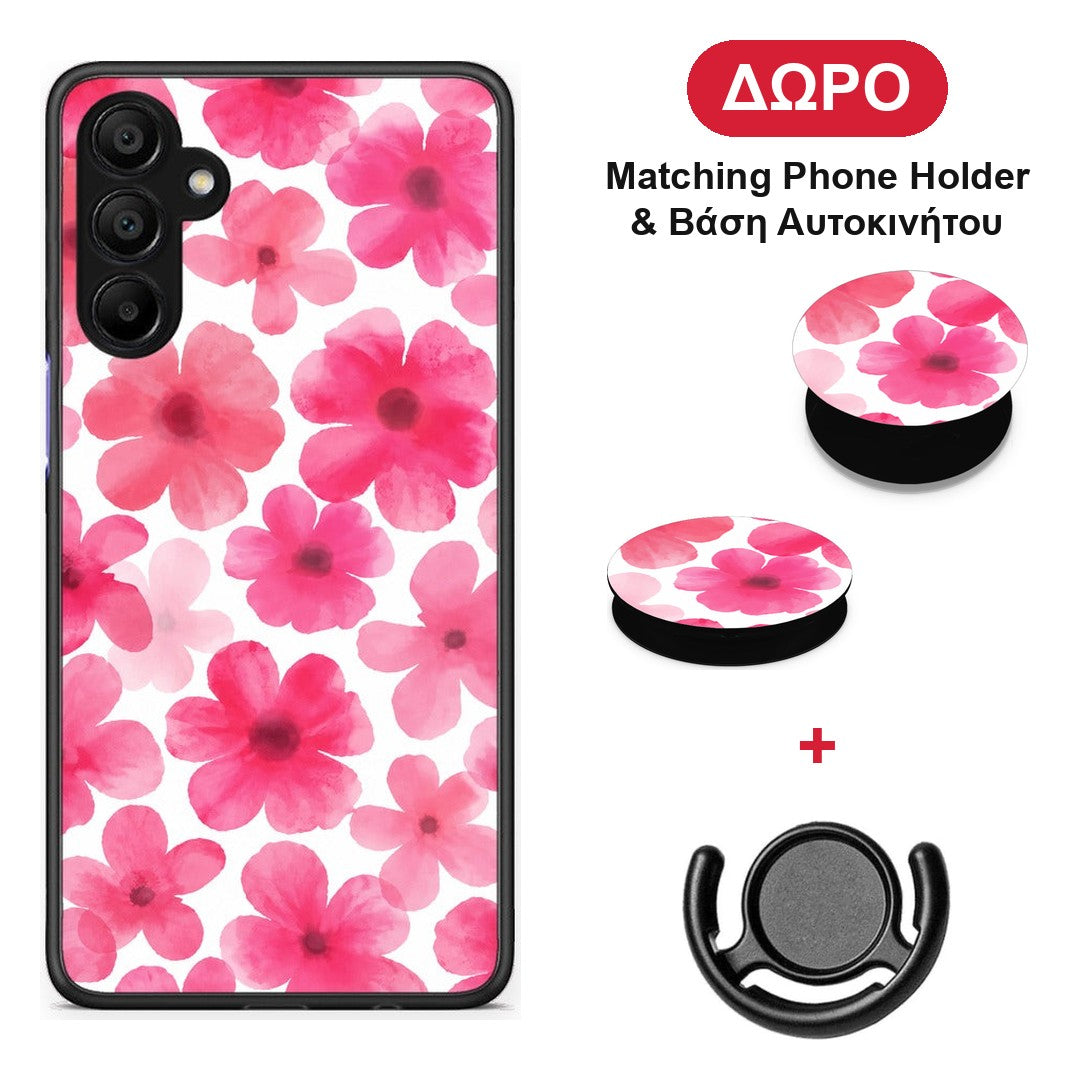 Pink Watercolour Flowers on White - Samsung A15 5G θήκη + Δώρο Phone Holder & Βάση Αυτοκινήτου