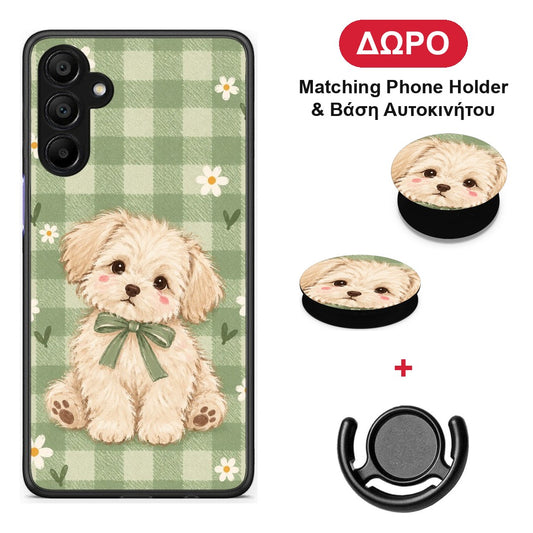 Puppy and Daisies on Sage Gingham - Samsung A15 5G θήκη + Δώρο Phone Holder & Βάση Αυτοκινήτου